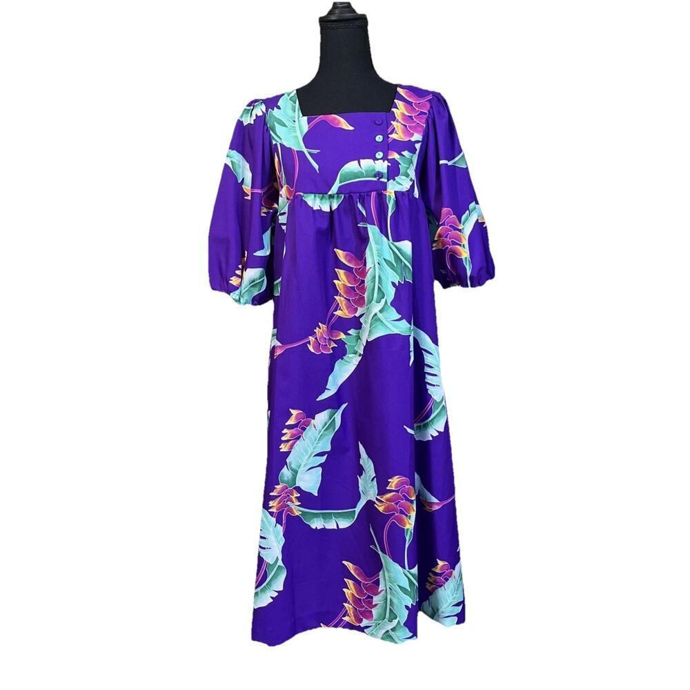Vtg Hilo Hattie Hawaiian Tropical Floral Mumu Puff Sleeve Midi Dress Purple M